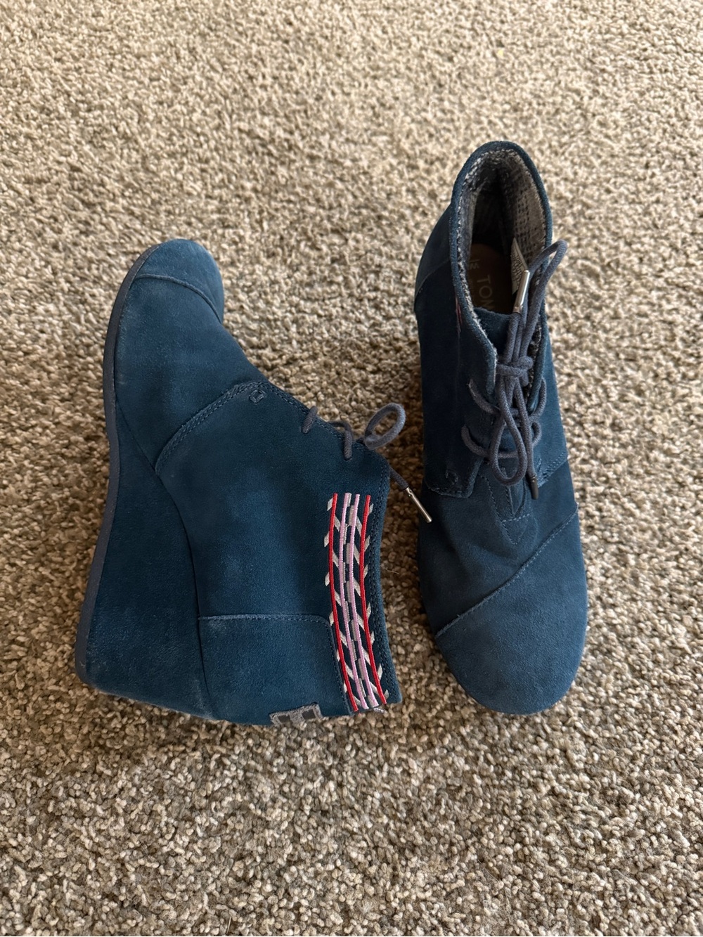 TOMS Womens Ankle Boots Booties Blue Wedge Heels Lace Up Embroidered Suede 10